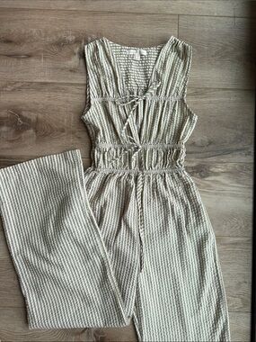 Striped Cream and Tan Sleeveless Jumpsuit